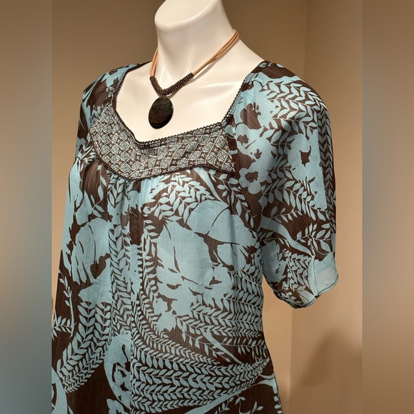 Lane Bryant Blue & Brown Sheer Floral Leave Print Square Neckline SZ  22…No Belt - Picture 3 of 13